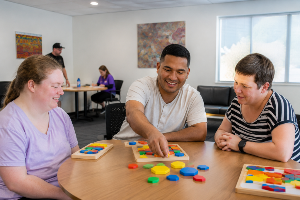 A diverse group of NDIS participants enjoying a fun indoor group activity together, sitting around a table solving colorful puzzles in a bright modern community space. Supportive and social atmosphere with smiling adults engaging in meaningful interaction and teamwork.